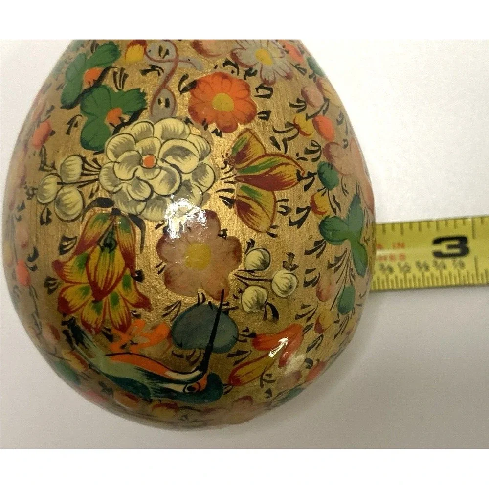 Vintage Hand Painted Lacquer Trinket Box Gold Metallic Floral Egg Shape Easter